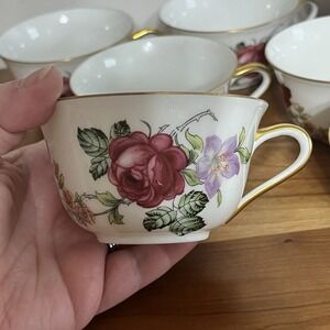 Vintage Epiag Czechoslovakia Floral Rose Print Set Of 10 Teacups Gold Trim